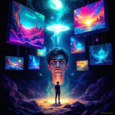 The primary subject of the image is a man standing in a dark, surreal environment. He is surrounded by various pictures, which are likely part of a digital art or illustration. The setting appears to be a space or an underground cave, with a sense of mystery and intrigue. The visual style of the image is a combination of digital art and illustration, creating a unique and captivating atmosphere. The dominant colors in the image are dark and moody, with the man being the main focal point.